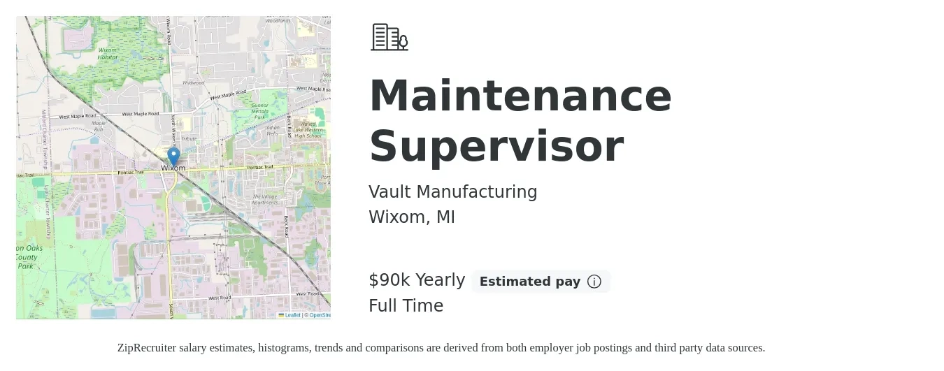 Vault Manufacturing job posting for a Maintenance Supervisor in Wixom, MI with a salary of $90,000 Yearly with a map of Wixom location.
