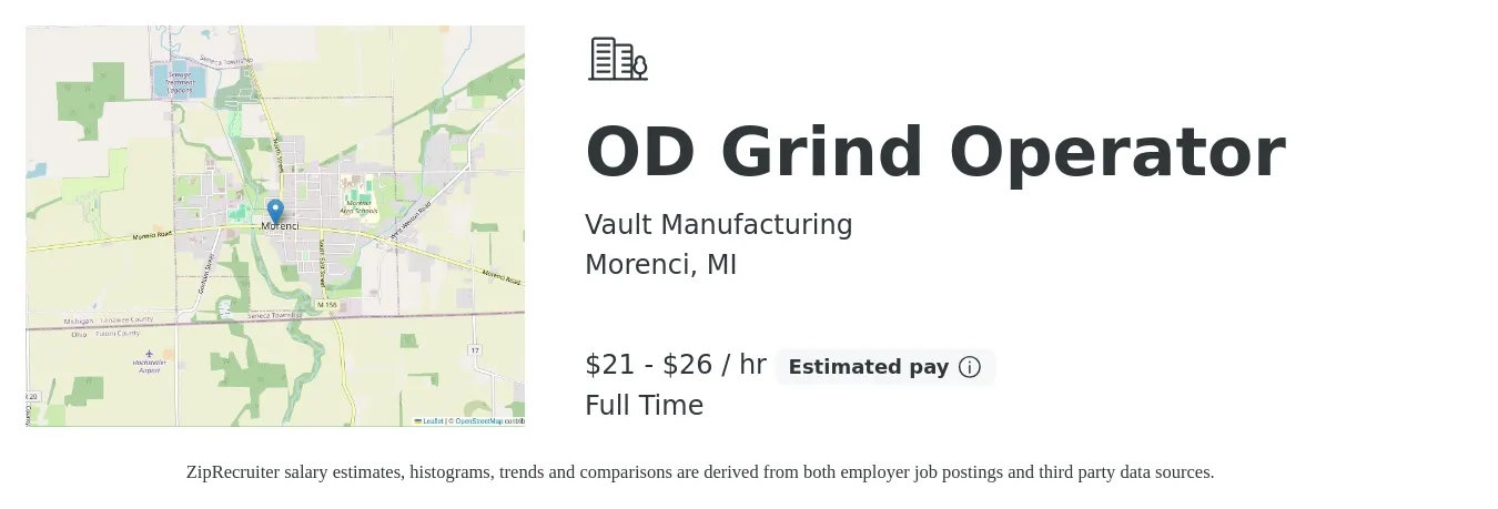 Vault Manufacturing job posting for a OD Grind Operator in Morenci, MI with a salary of $22 to $28 Hourly with a map of Morenci location.