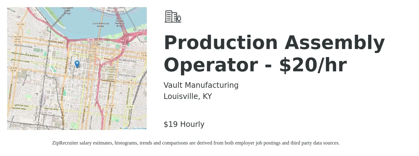 Vault Manufacturing job posting for a Production Assembly Operator - $20/hr in Louisville, KY with a salary of $20 to $20 Hourly with a map of Louisville location.