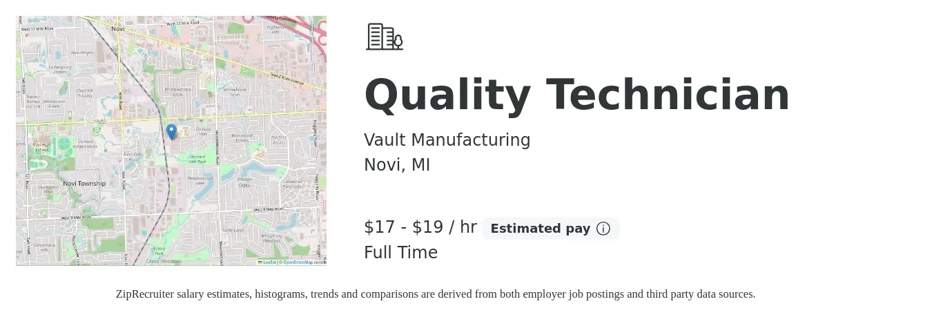 Vault Manufacturing job posting for a Quality Technician in Novi, MI with a salary of $18 to $20 Hourly with a map of Novi location.