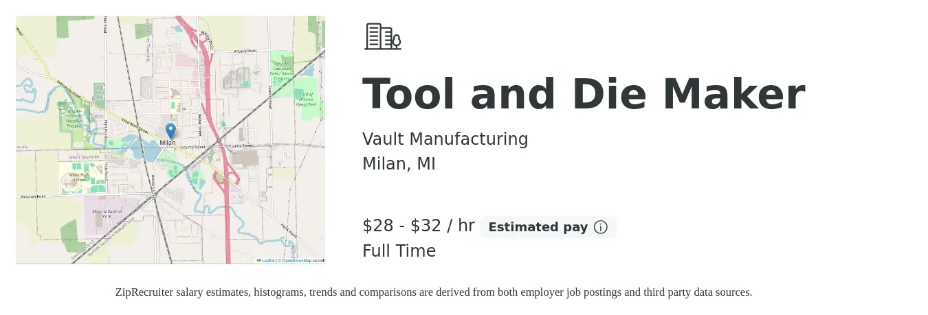 Vault Manufacturing job posting for a Tool and Die Maker in Milan, MI with a salary of $30 to $34 Hourly with a map of Milan location.