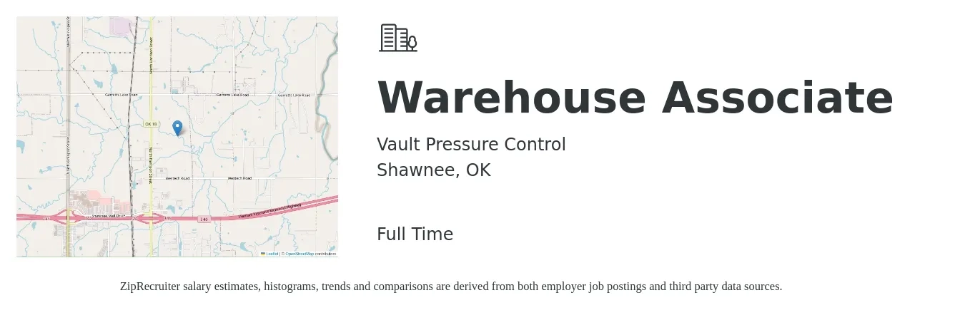 Vault Pressure Control job posting for a Warehouse Associate in Shawnee, OK with a salary of $12 to $14 Hourly with a map of Shawnee location.