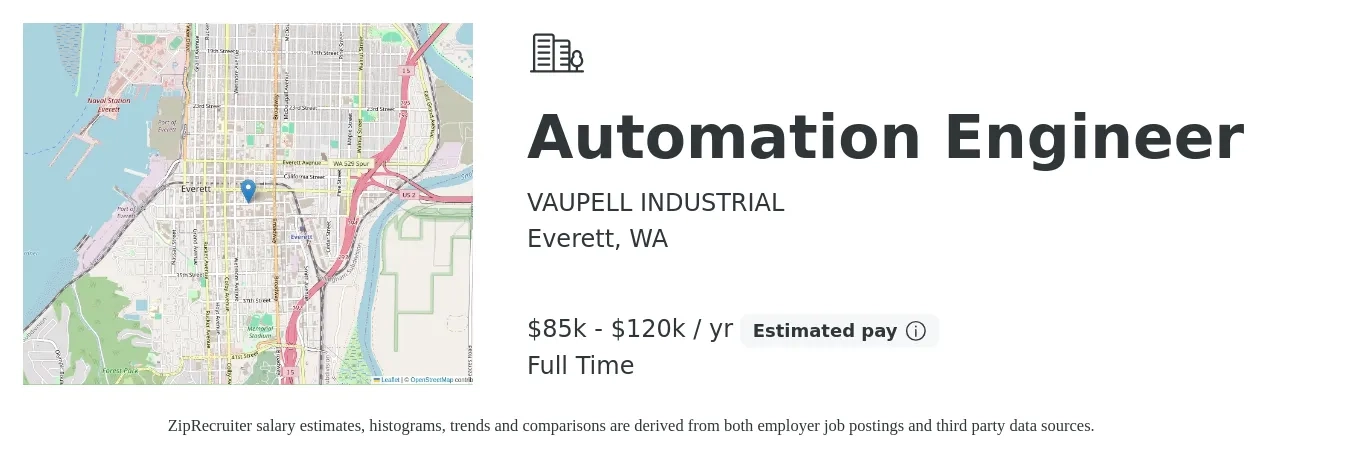 VAUPELL INDUSTRIAL job posting for a Automation Engineer in Everett, WA with a salary of $85,000 to $120,000 Yearly with a map of Everett location.
