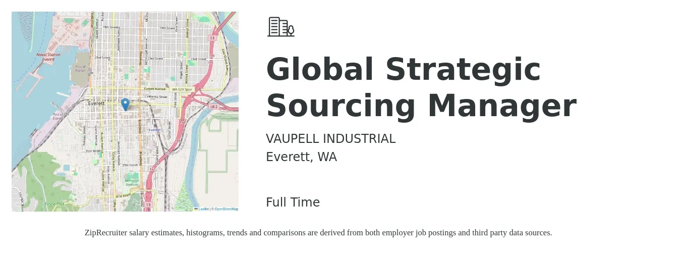 VAUPELL INDUSTRIAL job posting for a Global Strategic Sourcing Manager in Everett, WA with a salary of $142,500 to $184,500 Yearly with a map of Everett location.