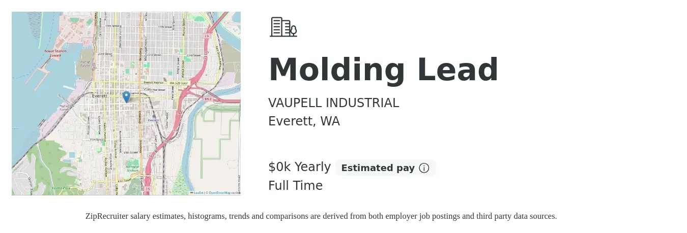 VAUPELL INDUSTRIAL job posting for a Molding Lead in Everett, WA with a salary of $26 to $30 Yearly with a map of Everett location.