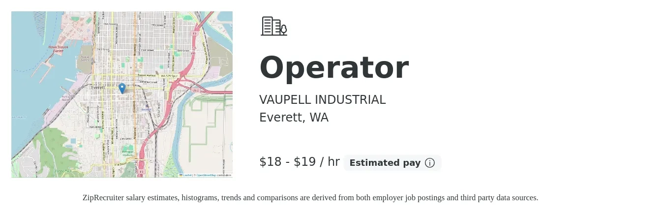 VAUPELL INDUSTRIAL job posting for a Operator in Everett, WA with a salary of $19 to $20 Yearly with a map of Everett location.