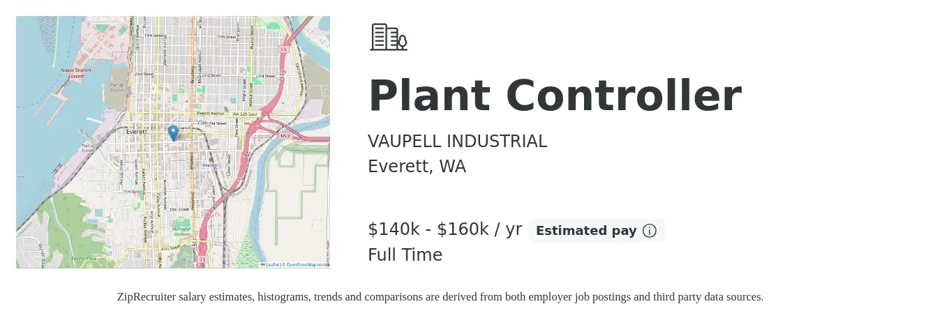 VAUPELL INDUSTRIAL job posting for a Plant Controller in Everett, WA with a salary of $140,000 to $160,000 Yearly with a map of Everett location.