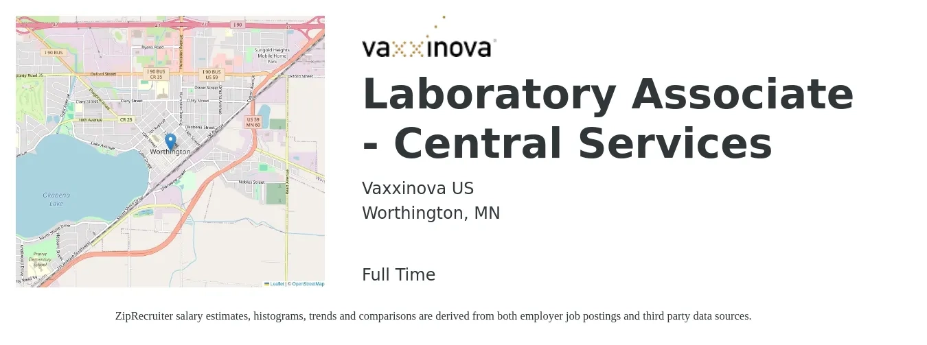 Vaxxinova US job posting for a Laboratory Associate - Central Services in Worthington, MN with a salary of $18 to $26 Hourly with a map of Worthington location.