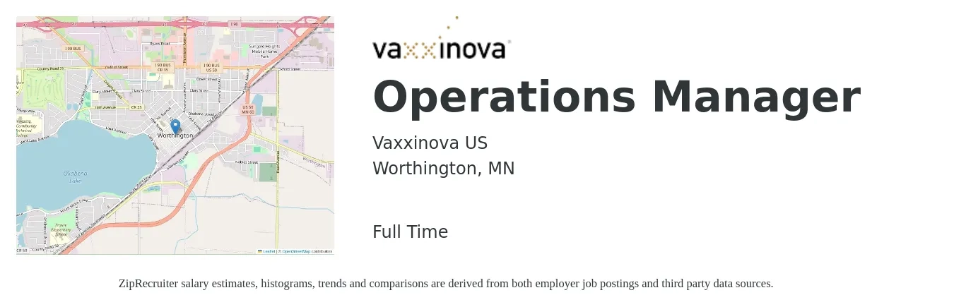 Vaxxinova US job posting for a Operations Manager in Worthington, MN with a salary of $41,100 to $77,800 Yearly with a map of Worthington location.