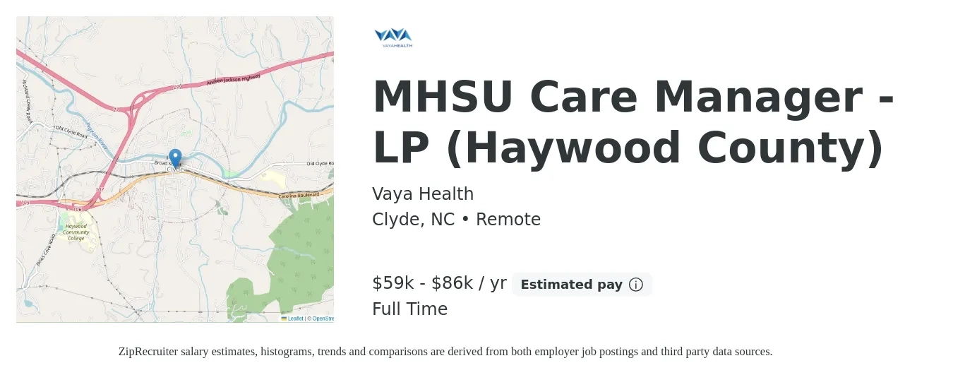 Vaya Health job posting for a MHSU Care Manager - LP (Haywood County) in Clyde, NC with a salary of $59,994 to $86,991 Yearly with a map of Clyde location.