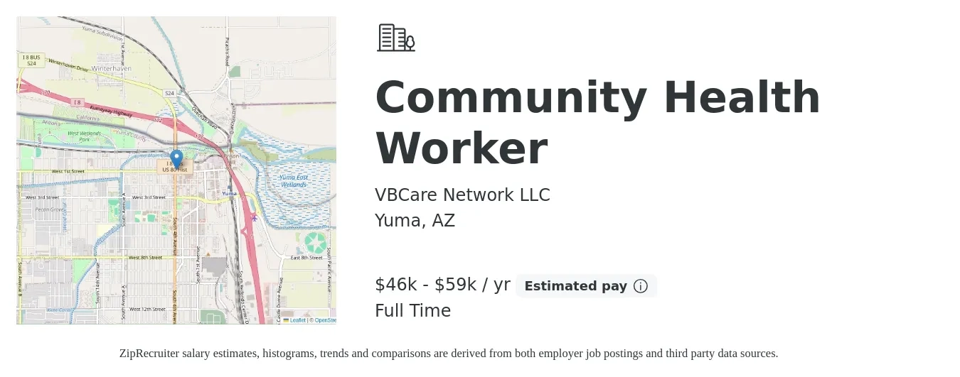 VBCare Network LLC job posting for a Community Health Worker in Yuma, AZ with a salary of $46,190 to $59,220 Yearly with a map of Yuma location.