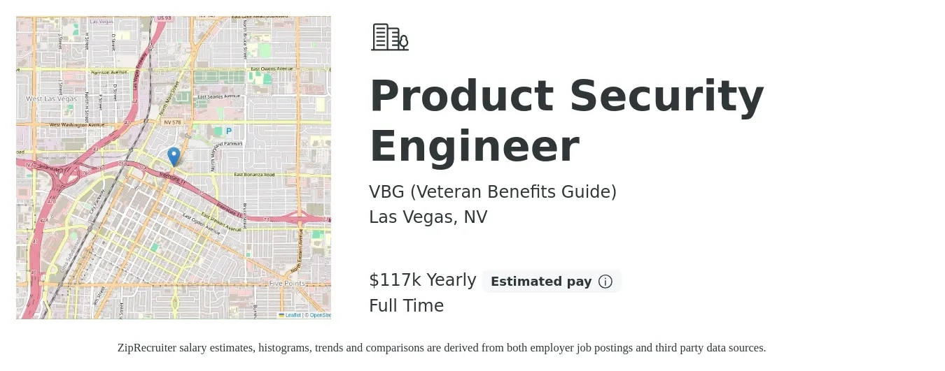 VBG (Veteran Benefits Guide) job posting for a Product Security Engineer in Las Vegas, NV with a salary of $117,000 Yearly with a map of Las Vegas location.