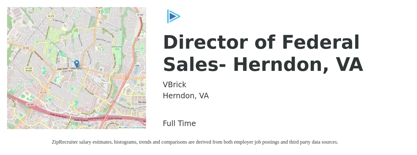 VBrick job posting for a Director of Federal Sales- Herndon, VA in Herndon, VA with a salary of $72,400 to $128,400 Yearly with a map of Herndon location.