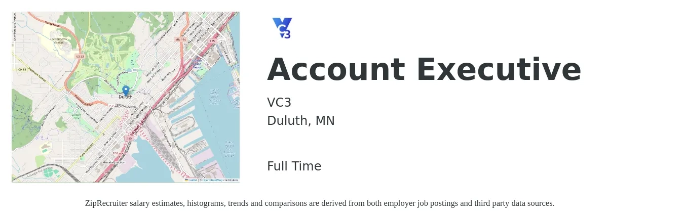 VC3 job posting for a Account Executive in Duluth, MN with a salary of $53,600 to $94,400 Yearly with a map of Duluth location.