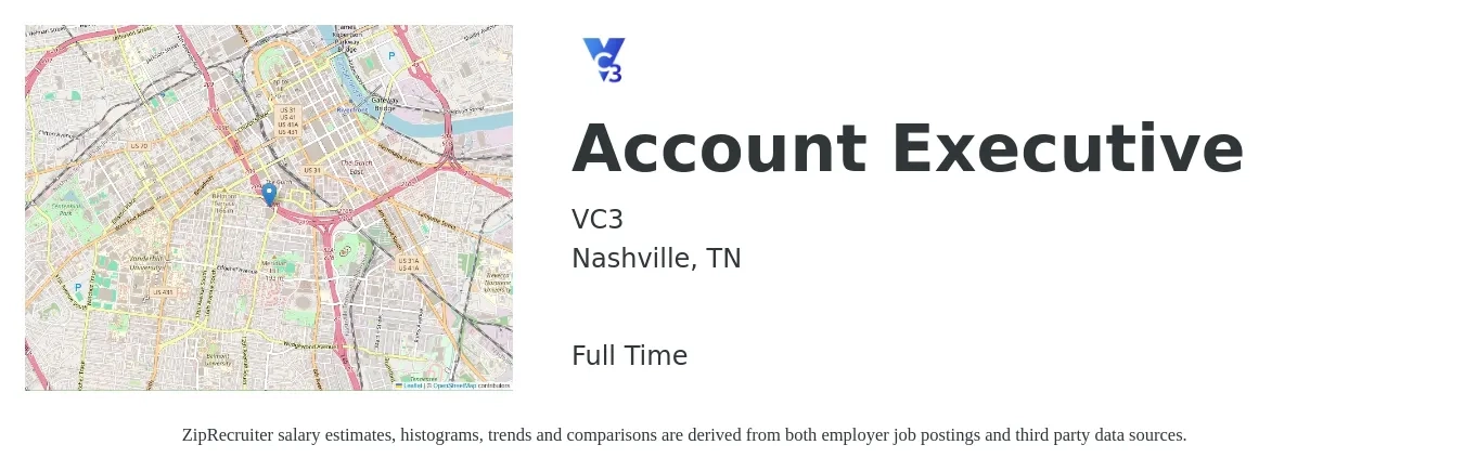 VC3 job posting for a Account Executive in Nashville, TN with a salary of $52,200 to $91,800 Yearly with a map of Nashville location.