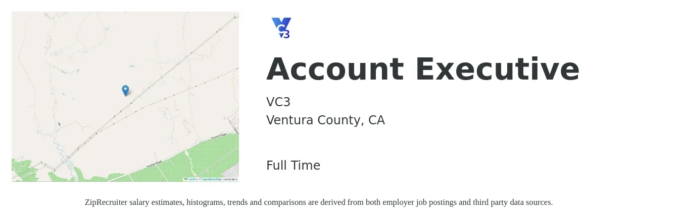VC3 job posting for a Account Executive in Ventura County, CA with a salary of $58,200 to $102,300 Yearly with a map of Ventura County location.