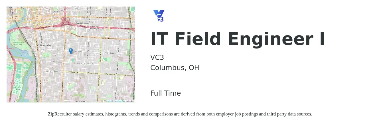 VC3 job posting for a IT Field Engineer l in Columbus, OH with a salary of $55,100 to $81,600 Yearly with a map of Columbus location.