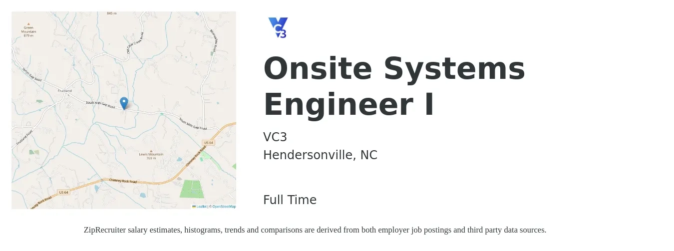 VC3 job posting for a Onsite Systems Engineer I in Hendersonville, NC with a salary of $89,800 to $143,900 Yearly with a map of Hendersonville location.
