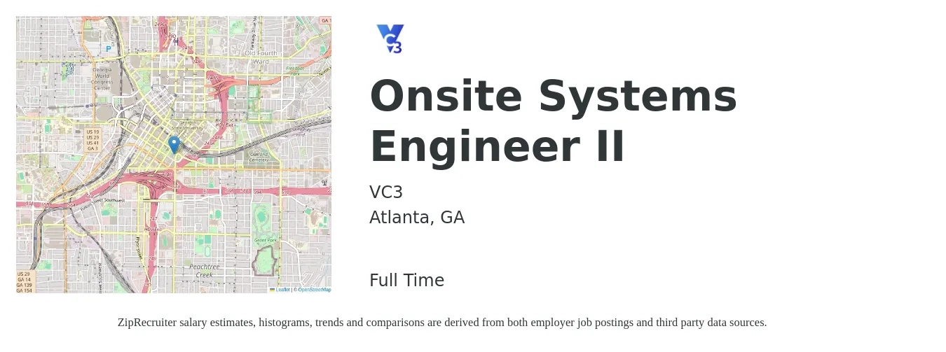 VC3 job posting for a Onsite Systems Engineer II in Atlanta, GA with a salary of $94,200 to $151,000 Yearly with a map of Atlanta location.