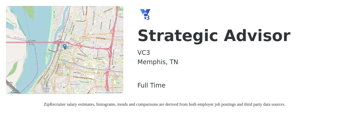 VC3 job posting for a Strategic Advisor in Memphis, TN with a salary of $98,600 to $130,200 Yearly with a map of Memphis location.