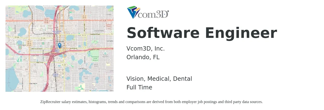 Vcom3D, Inc. job posting for a Software Engineer in Orlando, FL with a salary of $112,000 to $161,500 Yearly and benefits including retirement, vision, dental, life_insurance, medical, and pto with a map of Orlando location.