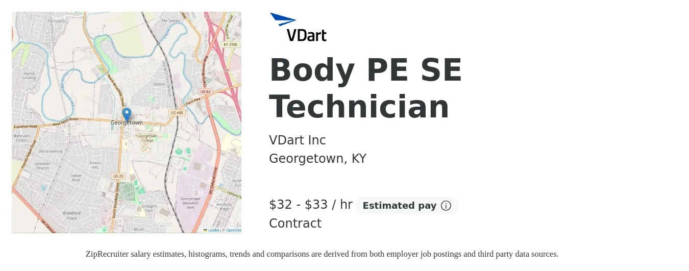 VDart Inc job posting for a Body PE SE Technician in Georgetown, KY with a salary of $34 to $35 Hourly with a map of Georgetown location.