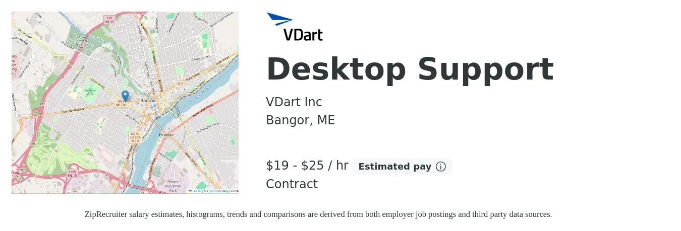 VDart Inc job posting for a Desktop Support in Bangor, ME with a salary of $20 to $27 Hourly with a map of Bangor location.