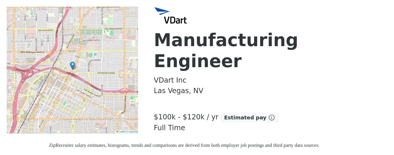 VDart Inc job posting for a Manufacturing Engineer in Las Vegas, NV with a salary of $100,000 to $120,000 Yearly with a map of Las Vegas location.