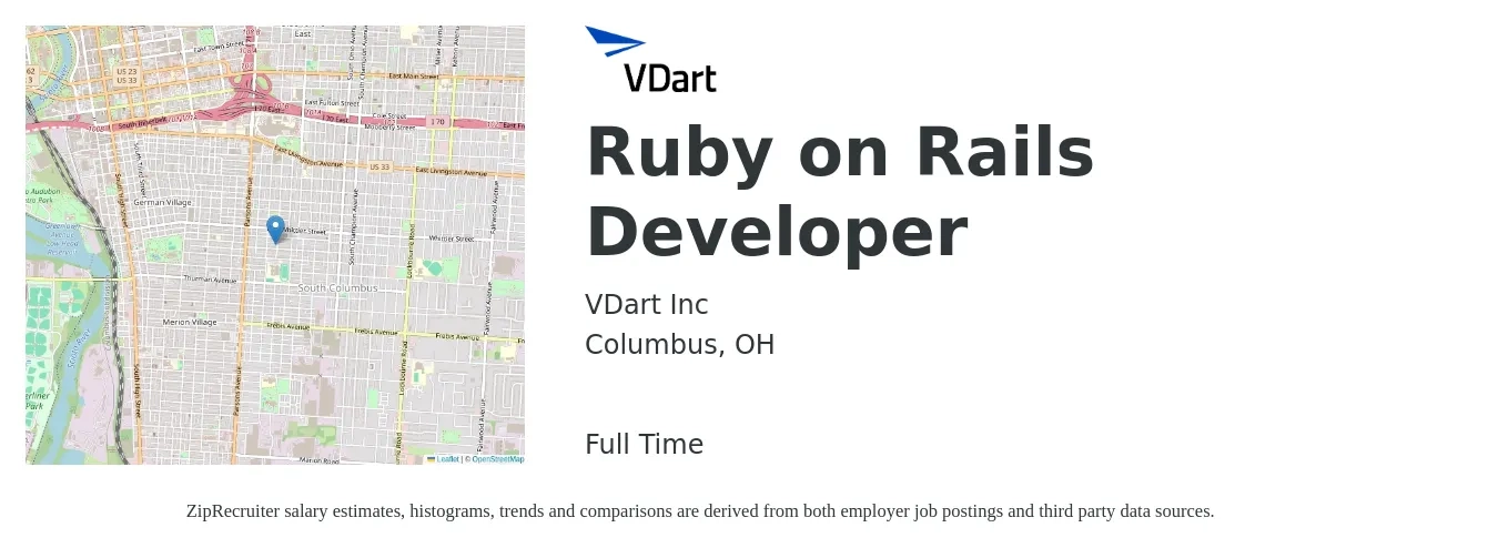 VDart Inc job posting for a Ruby on Rails Developer in Columbus, OH with a salary of $99,000 to $135,700 Yearly with a map of Columbus location.