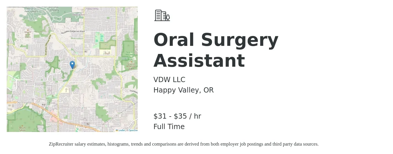 VDW LLC job posting for a Oral Surgery Assistant in Happy Valley, OR with a salary of $33 to $37 Hourly with a map of Happy Valley location.