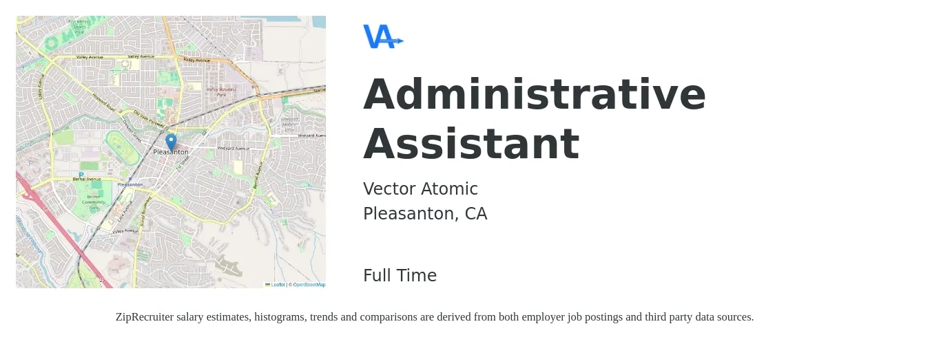Vector Atomic job posting for a Administrative Assistant in Pleasanton, CA with a salary of $20 to $27 Hourly with a map of Pleasanton location.