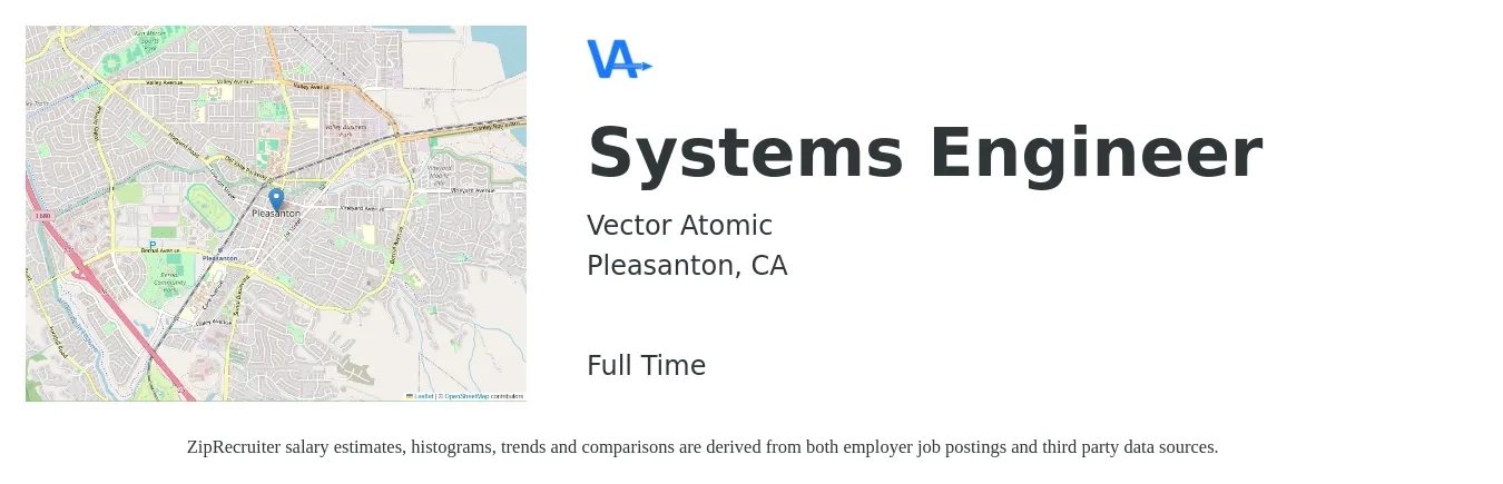 Vector Atomic job posting for a Systems Engineer in Pleasanton, CA with a salary of $109,100 to $174,700 Yearly with a map of Pleasanton location.