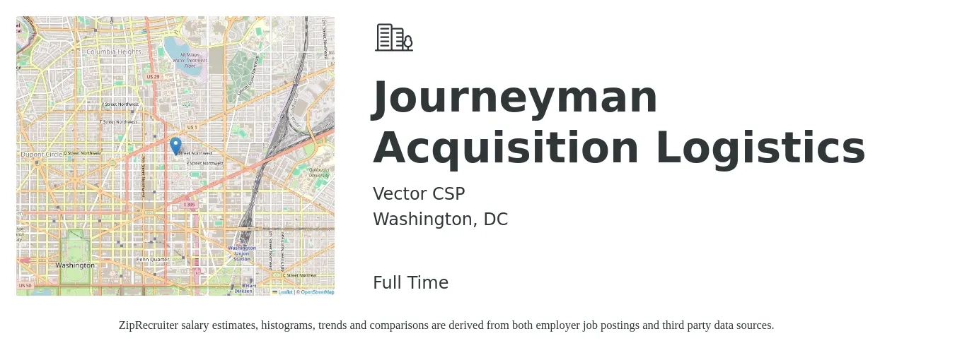 Vector CSP job posting for a Journeyman Acquisition Logistics in Washington, DC with a salary of $28 to $42 Hourly with a map of Washington location.