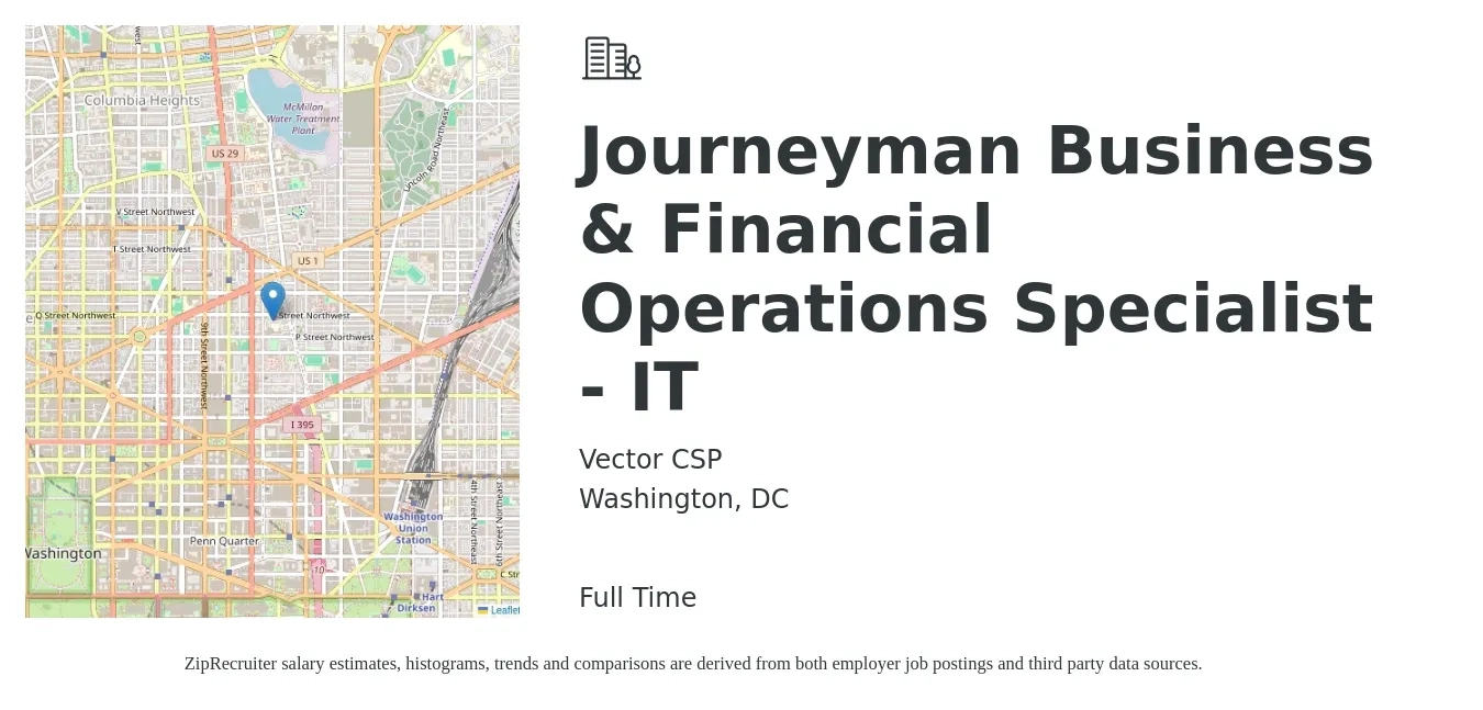 Vector CSP job posting for a Journeyman Business & Financial Operations Specialist - IT in Washington, DC with a salary of $52,700 to $126,300 Yearly with a map of Washington location.