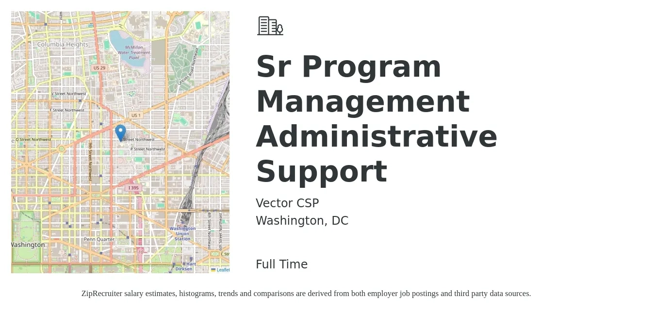 Vector CSP job posting for a Sr Program Management Administrative Support in Washington, DC with a salary of $52,700 to $84,900 Yearly with a map of Washington location.