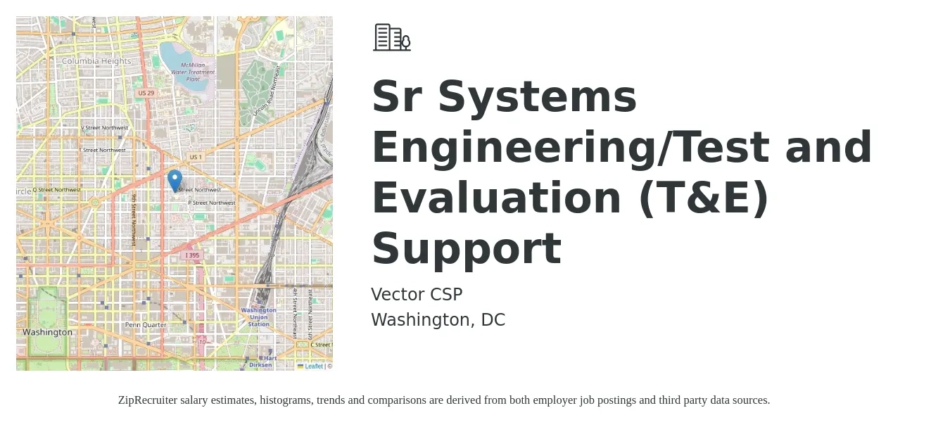 Vector CSP job posting for a Sr Systems Engineering/Test and Evaluation (T&E) Support in Washington, DC with a salary of $118,300 to $161,900 Yearly with a map of Washington location.