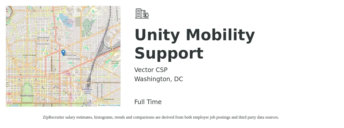 Vector CSP job posting for a Unity Mobility Support in Washington, DC with a salary of $35 to $55 Hourly with a map of Washington location.