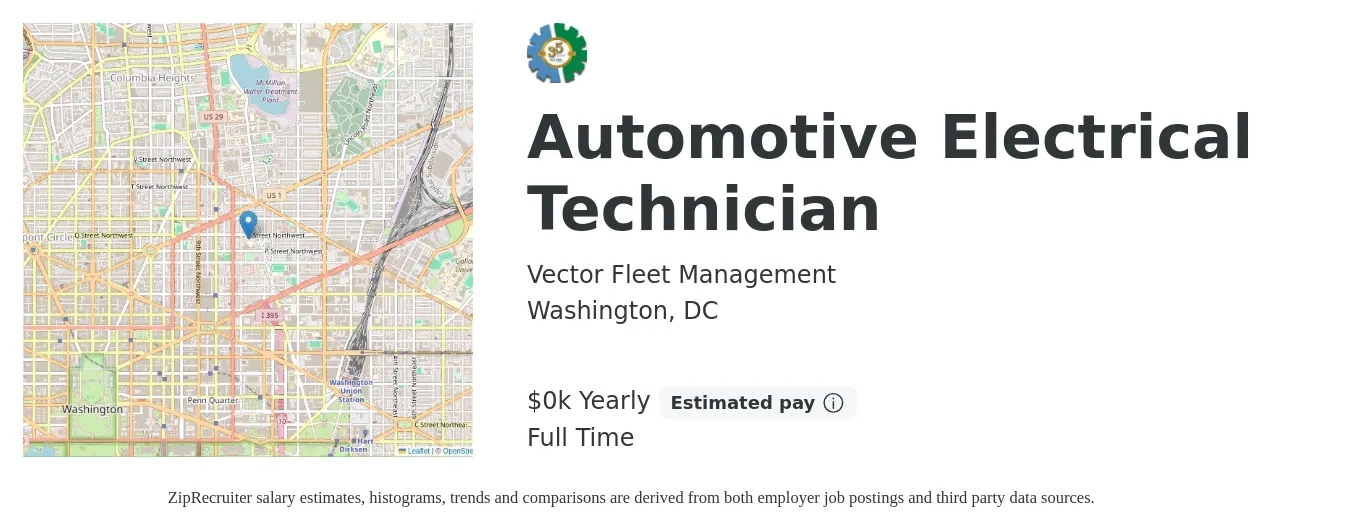 Vector Fleet Management job posting for a Automotive Electrical Technician in Washington, DC with a salary of $26 to $34 Yearly with a map of Washington location.