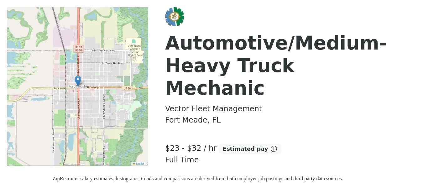 Vector Fleet Management job posting for a Automotive/Medium-Heavy Truck Mechanic in Fort Meade, FL with a salary of $24 to $34 Hourly with a map of Fort Meade location.