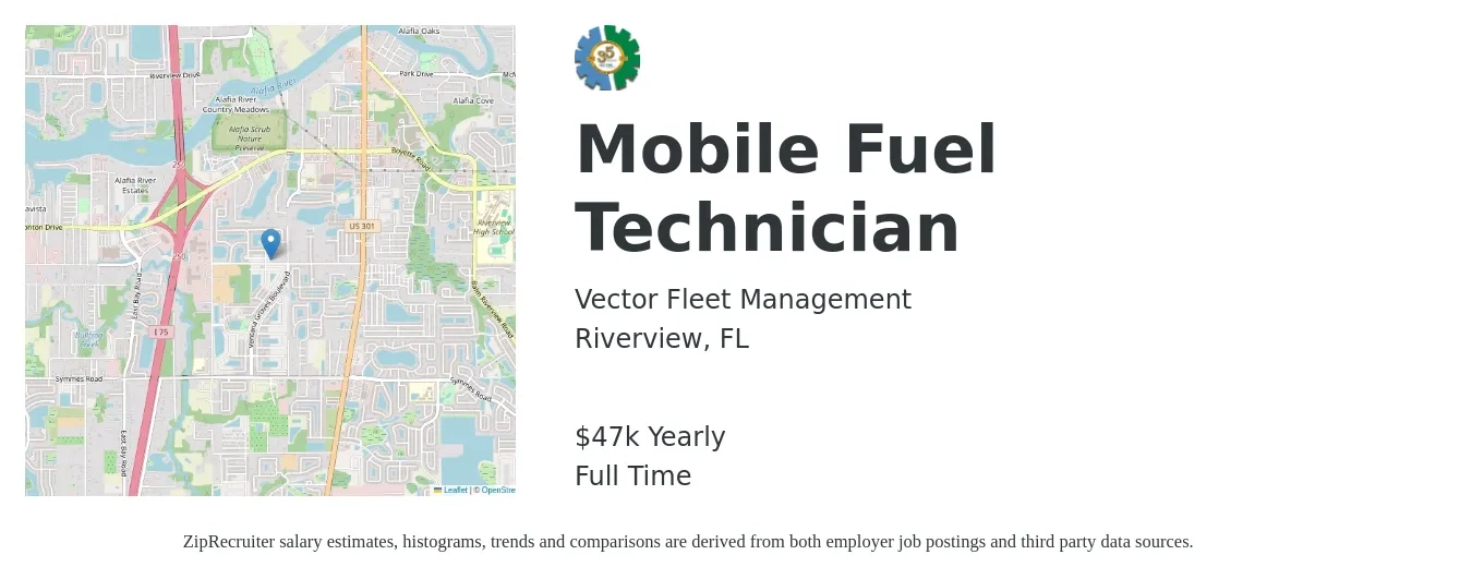 Vector Fleet Management job posting for a Mobile Fuel Technician in Riverview, FL with a salary of $47,840 Yearly with a map of Riverview location.