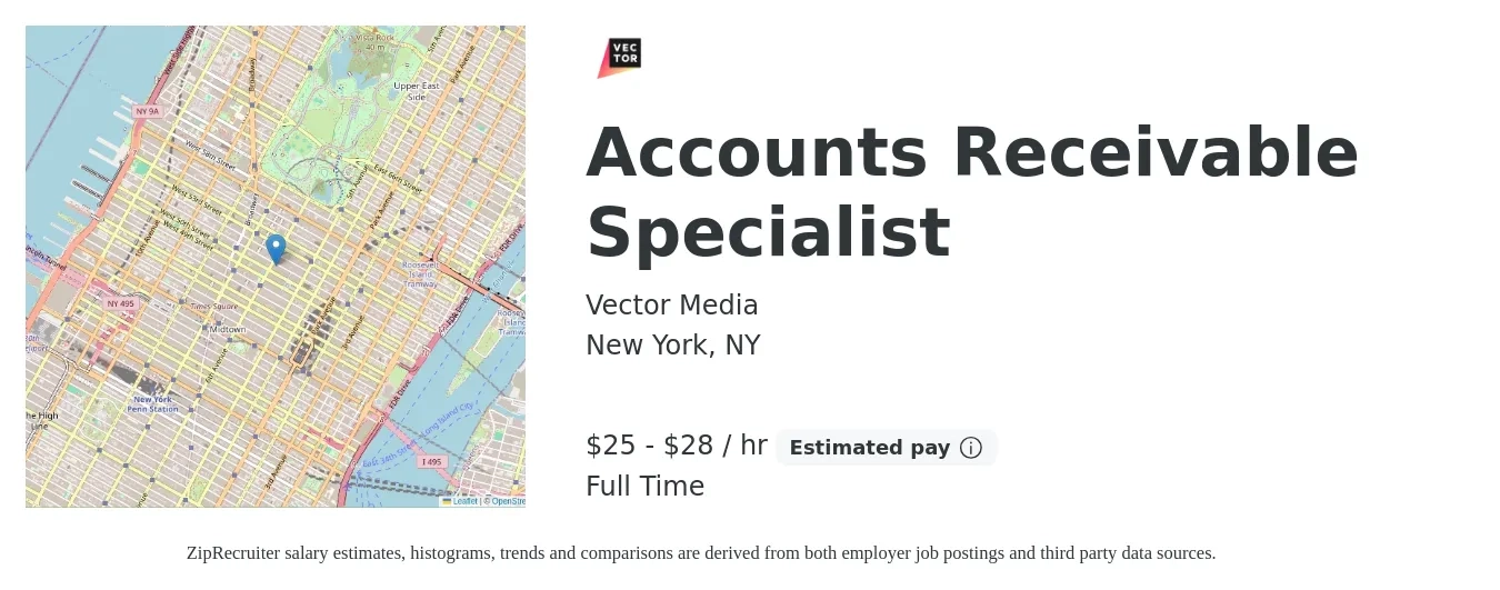 Vector Media job posting for a Accounts Receivable Specialist in New York, NY with a salary of $26 to $30 Hourly with a map of New York location.