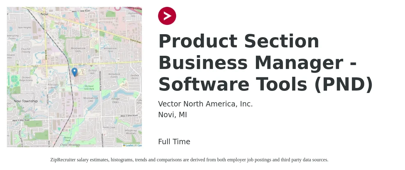 Vector North America, Inc. job posting for a Product Section Business Manager - Software Tools (PND) in Novi, MI with a salary of $97,400 to $130,300 Yearly with a map of Novi location.