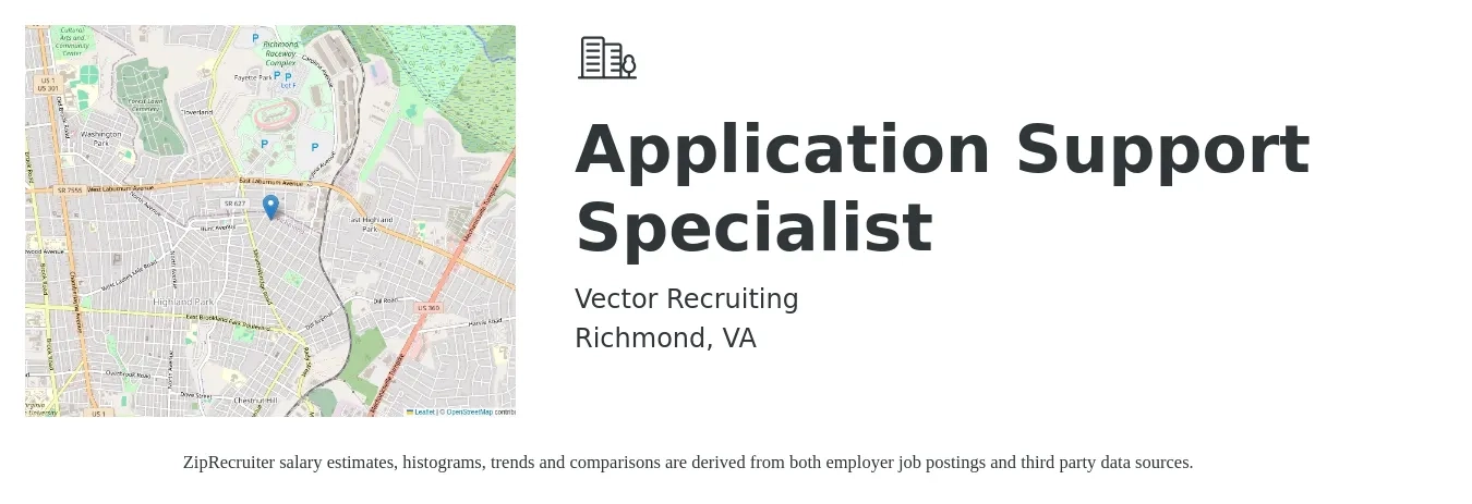 Vector Recruiting job posting for a Application Support Specialist in Richmond, VA with a salary of $49,700 to $78,200 Yearly with a map of Richmond location.