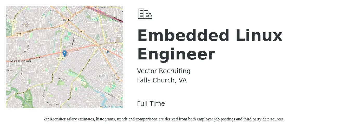 Vector Recruiting job posting for a Embedded Linux Engineer in Falls Church, VA with a salary of $116,300 to $171,200 Yearly with a map of Falls Church location.