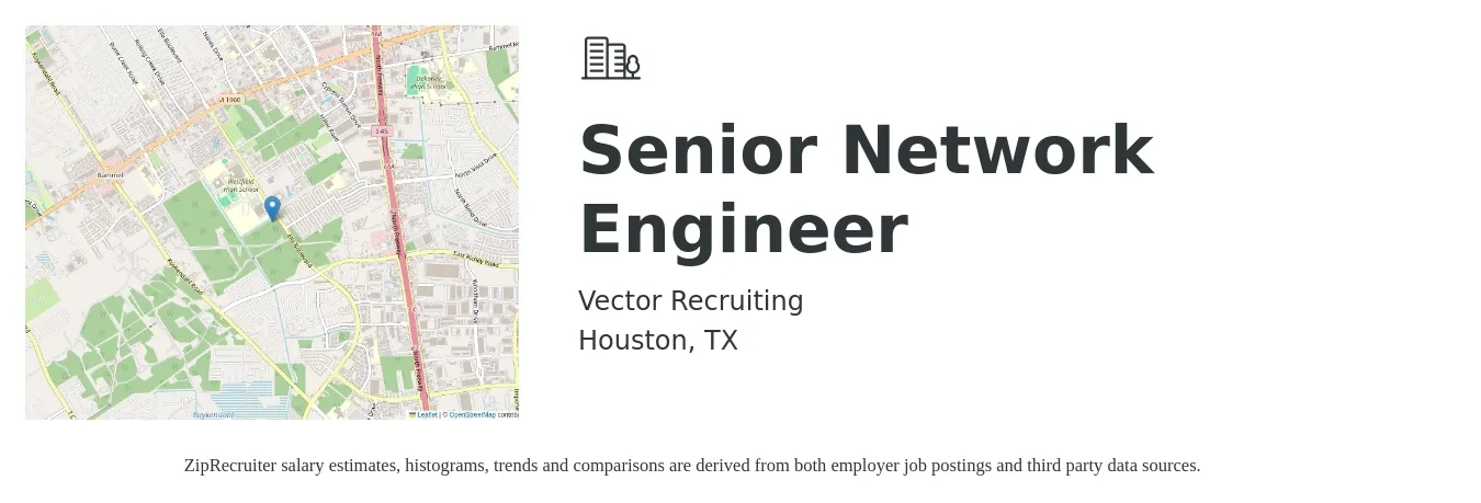 Vector Recruiting job posting for a Senior Network Engineer in Houston, TX with a salary of $90,100 to $123,500 Yearly with a map of Houston location.