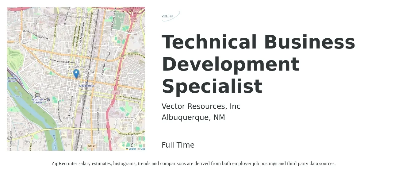 Vector Resources, Inc job posting for a Technical Business Development Specialist in Albuquerque, NM with a salary of $42,400 to $70,800 Yearly with a map of Albuquerque location.