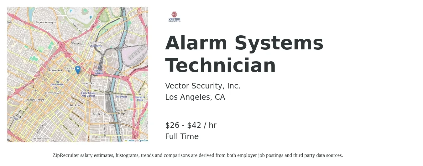 Vector Security, Inc. job posting for a Alarm Systems Technician in Los Angeles, CA with a salary of $27 to $44 Hourly with a map of Los Angeles location.