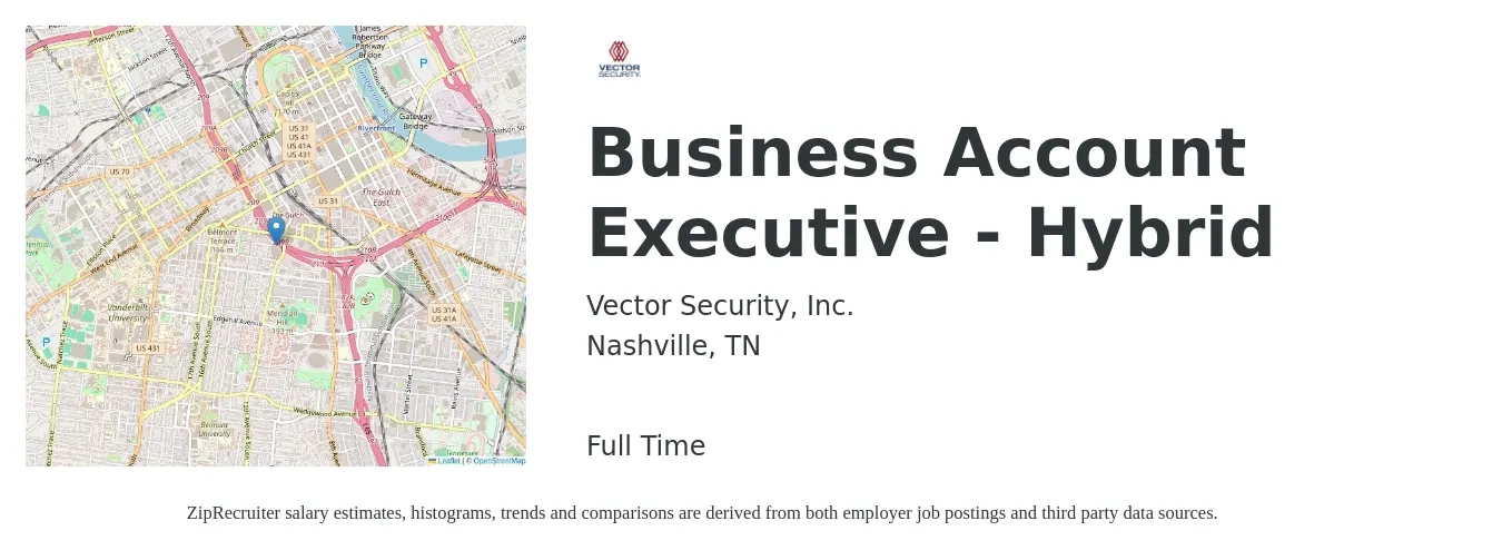 Vector Security, Inc. job posting for a Business Account Executive - Hybrid in Nashville, TN with a salary of $48,300 to $73,500 Yearly with a map of Nashville location.