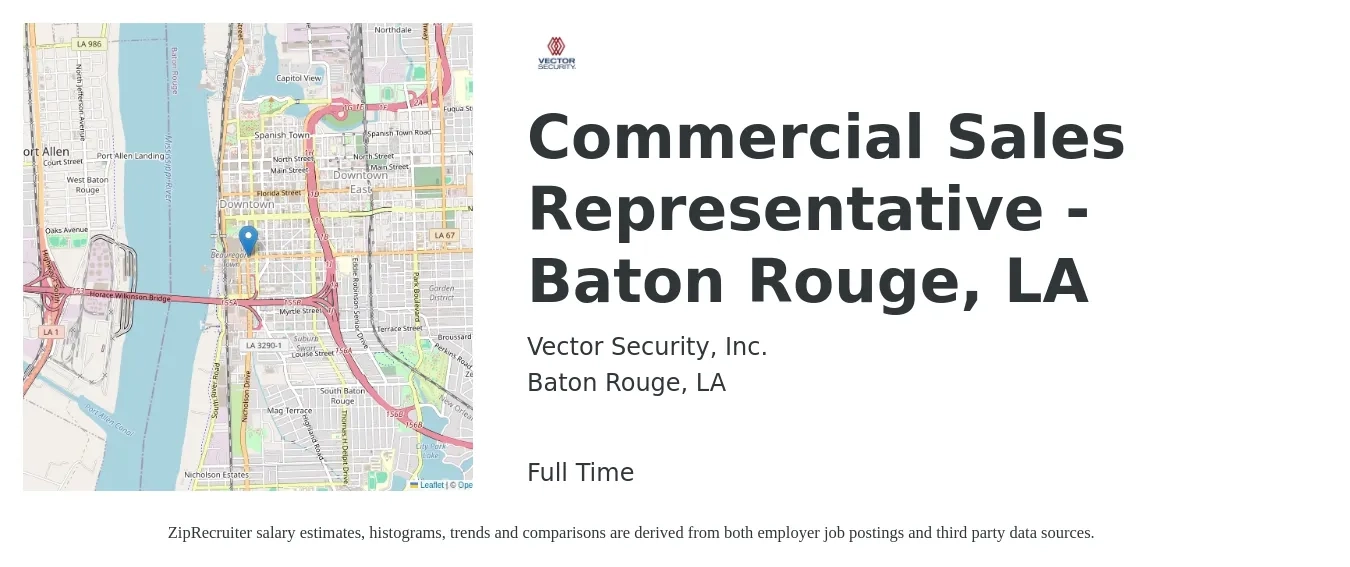 Vector Security, Inc. job posting for a Commercial Sales Representative - Baton Rouge, LA in Baton Rouge, LA with a salary of $39,800 to $57,700 Yearly with a map of Baton Rouge location.