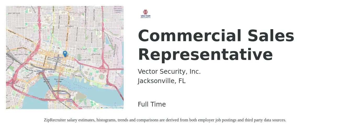 Vector Security, Inc. job posting for a Commercial Sales Representative in Jacksonville, FL with a salary of $40,900 to $59,300 Yearly with a map of Jacksonville location.